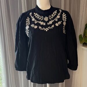 LOFT Black Blouse with White Floral Embroidery